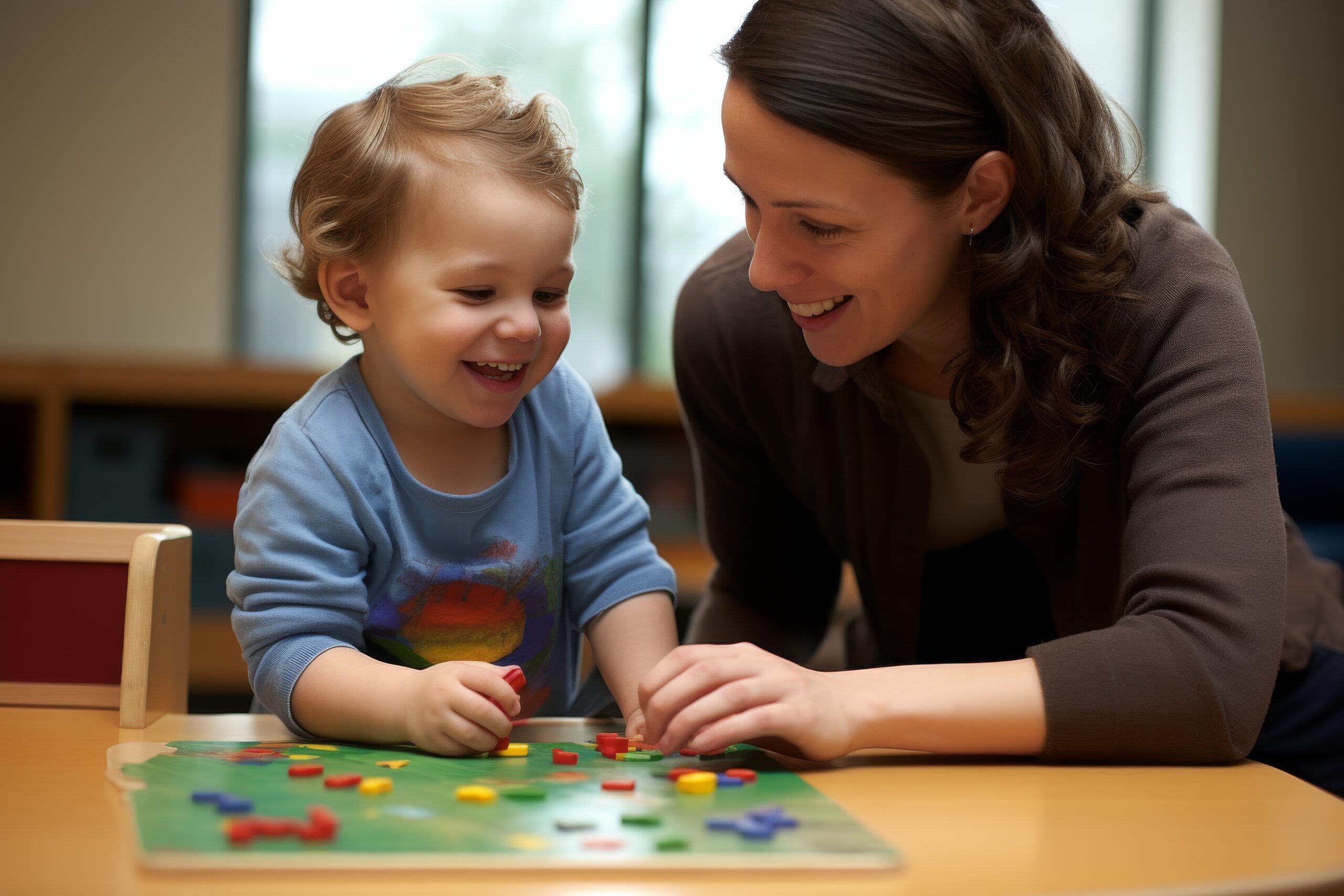 A woman and a young boy smiling while playing with puzzle pieces on a table