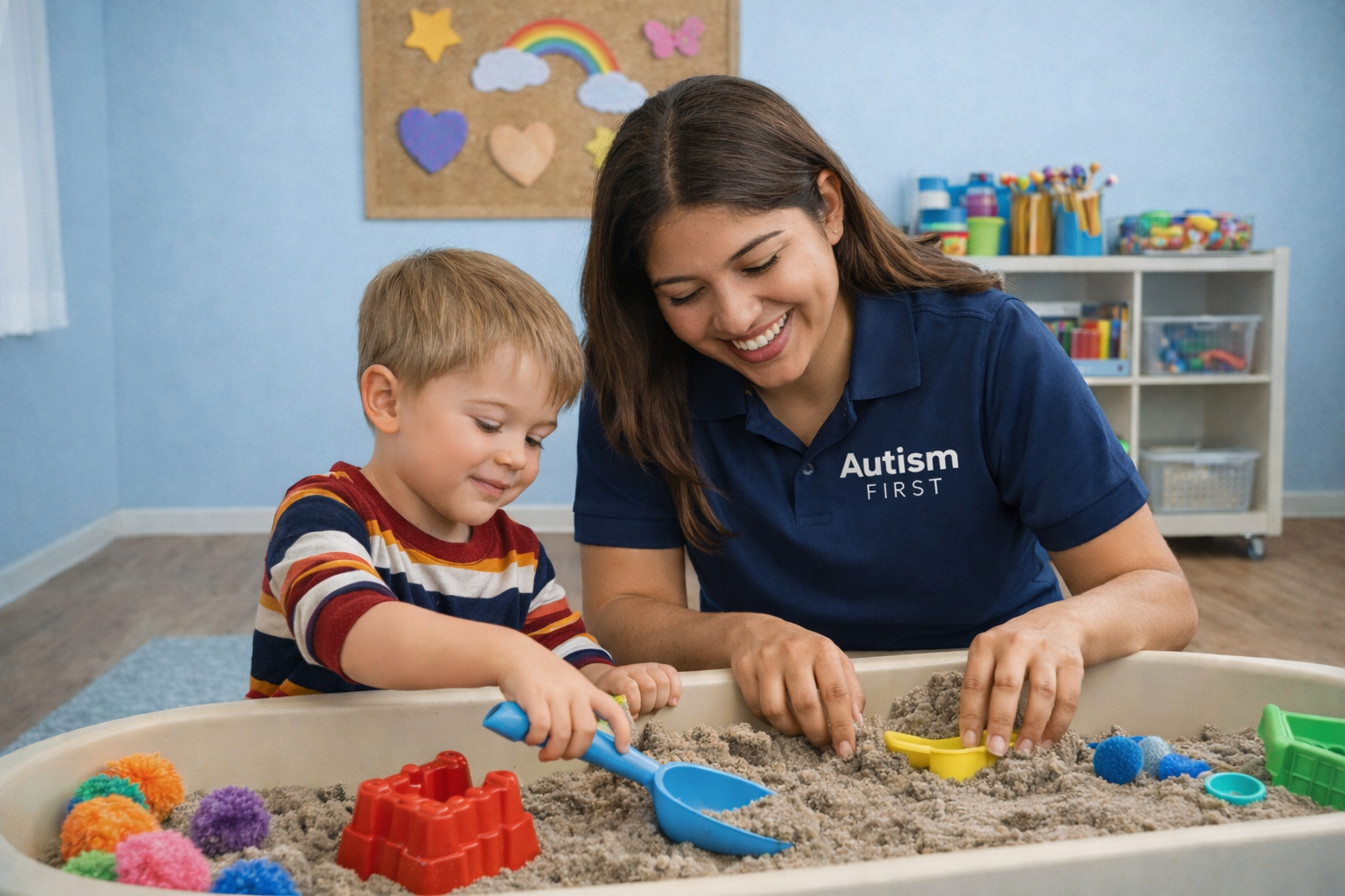 Children learning and playing with supportive staff